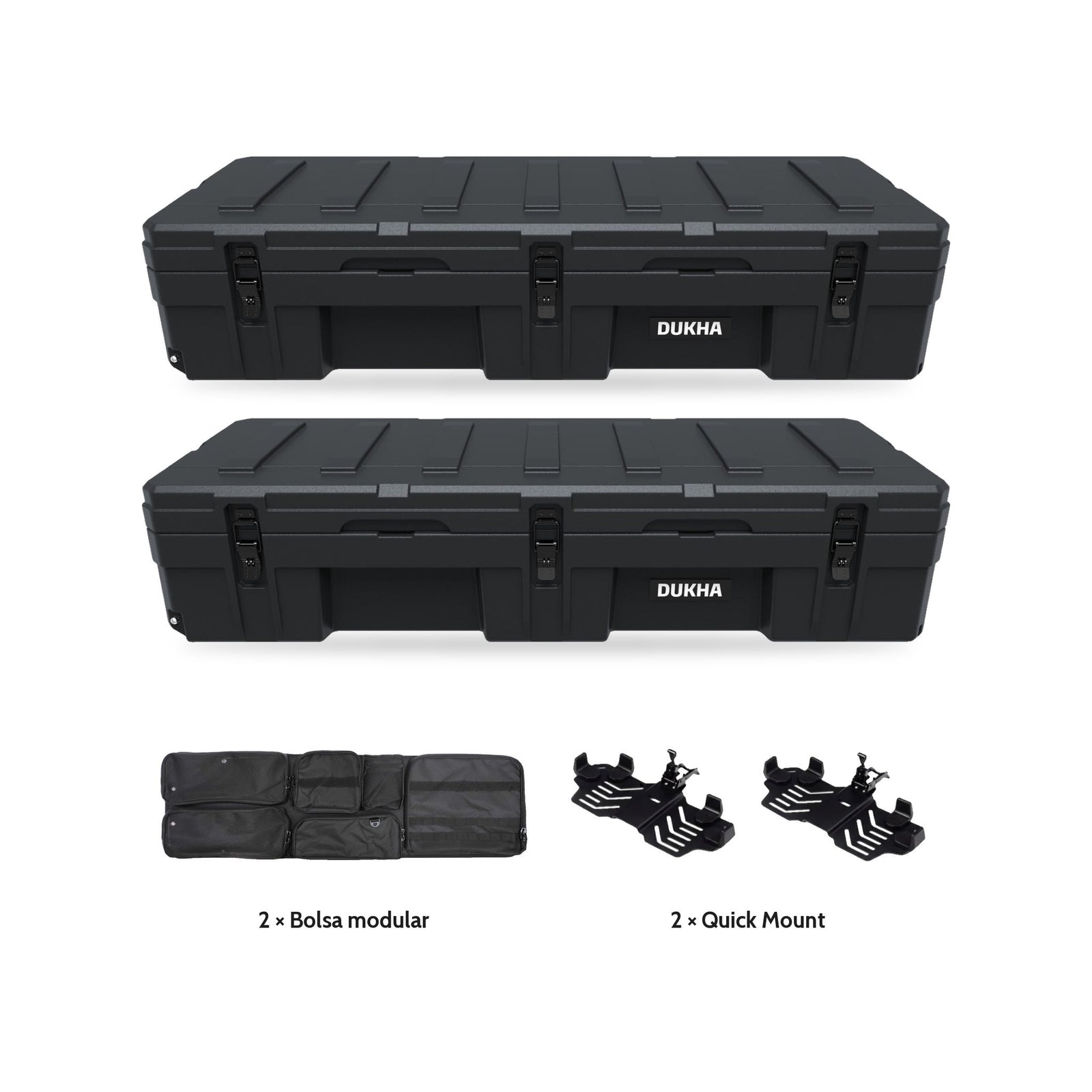 Pack x2 Hard Case DUKHA Titán 128L Ruedas negro: 2 cajas, 2 bolsas modulares y 2 Quick Mount