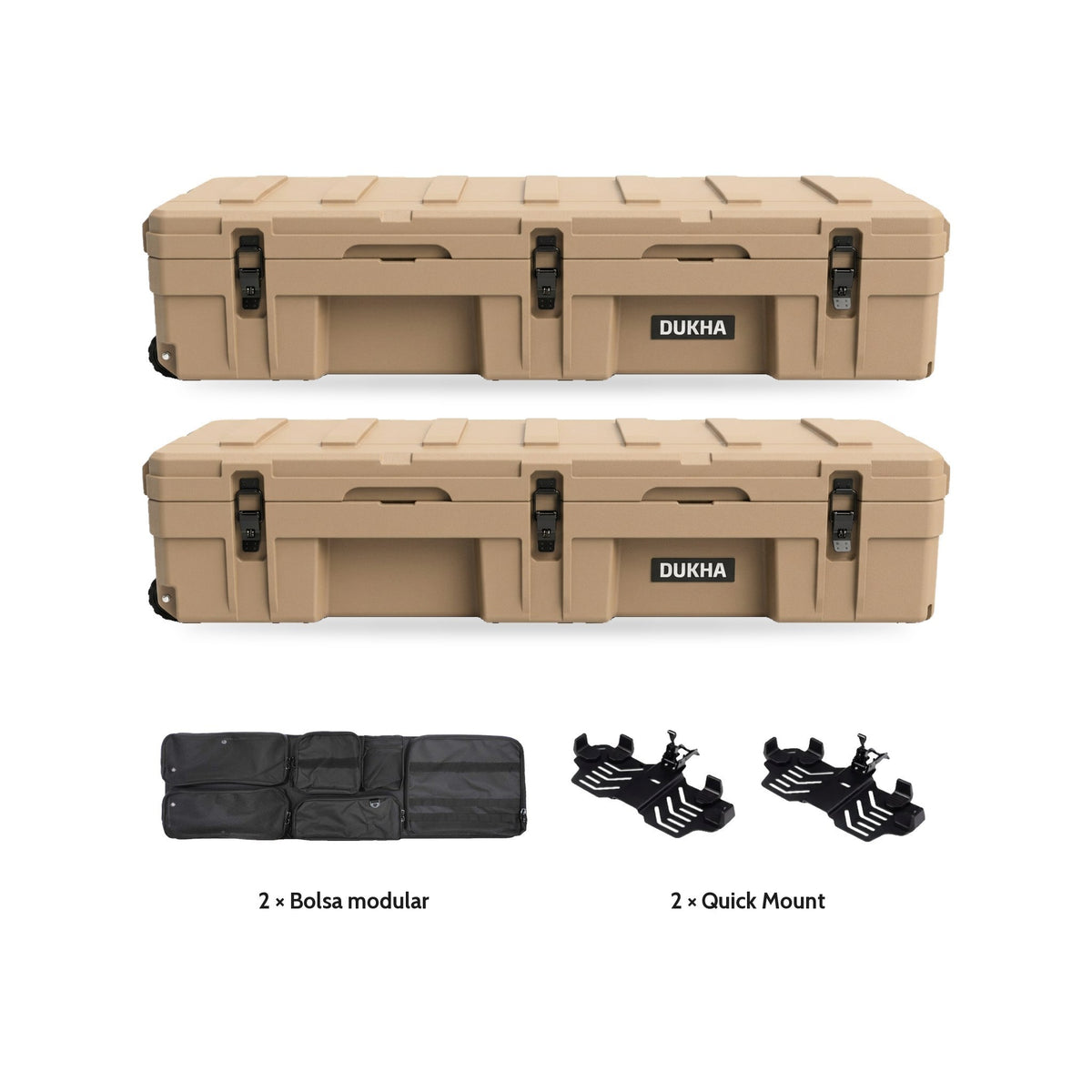 Pack x2 Hard Case DUKHA Titán 128L Ruedas Sand: 2 cajas, 2 bolsas modulares y 2 Quick Mount