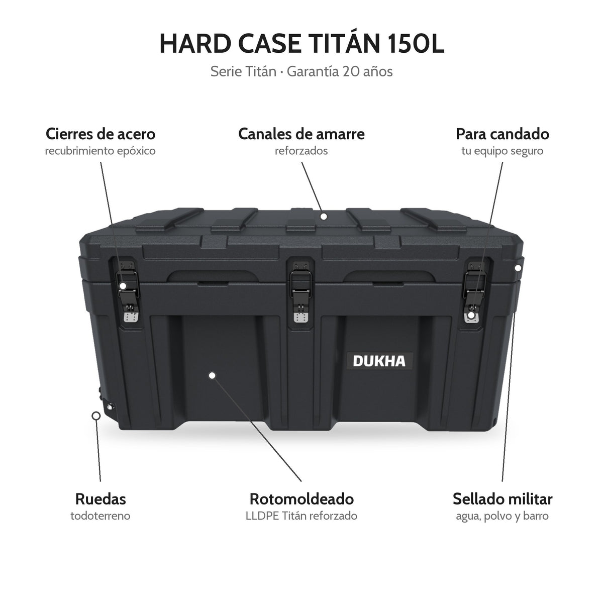 Hard Case DUKHA Titán 150L con ruedas, características: cierres de acero, canales de amarre, sellado militar, rotomoldeado