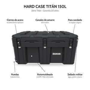 Hard Case DUKHA Titán 150L con ruedas, características: cierres de acero, canales de amarre, sellado militar, rotomoldeado