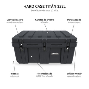 Hard Case DUKHA Titán 232L con ruedas, características: cierres de acero, canales de amarre, sellado militar, rotomoldeado