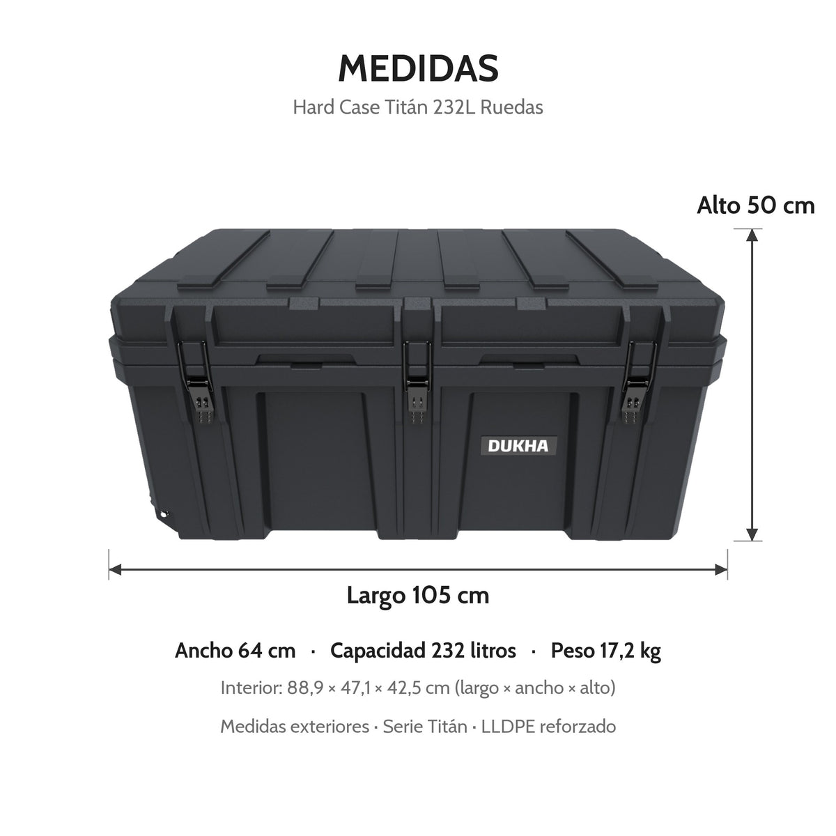 Hard Case DUKHA Titán 232L con ruedas, medidas exteriores