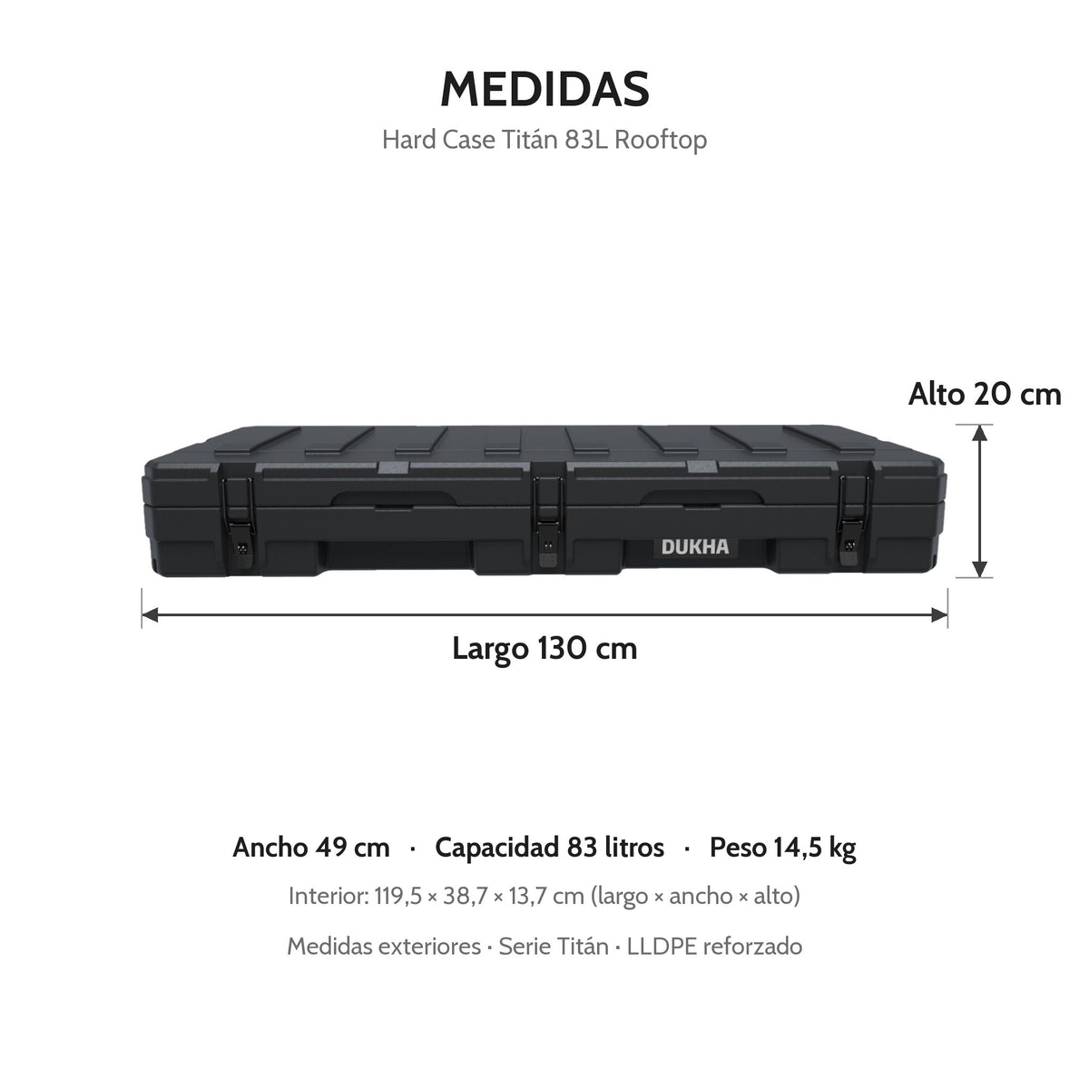 Hard Case DUKHA Titán 83L Rooftop, medidas exteriores