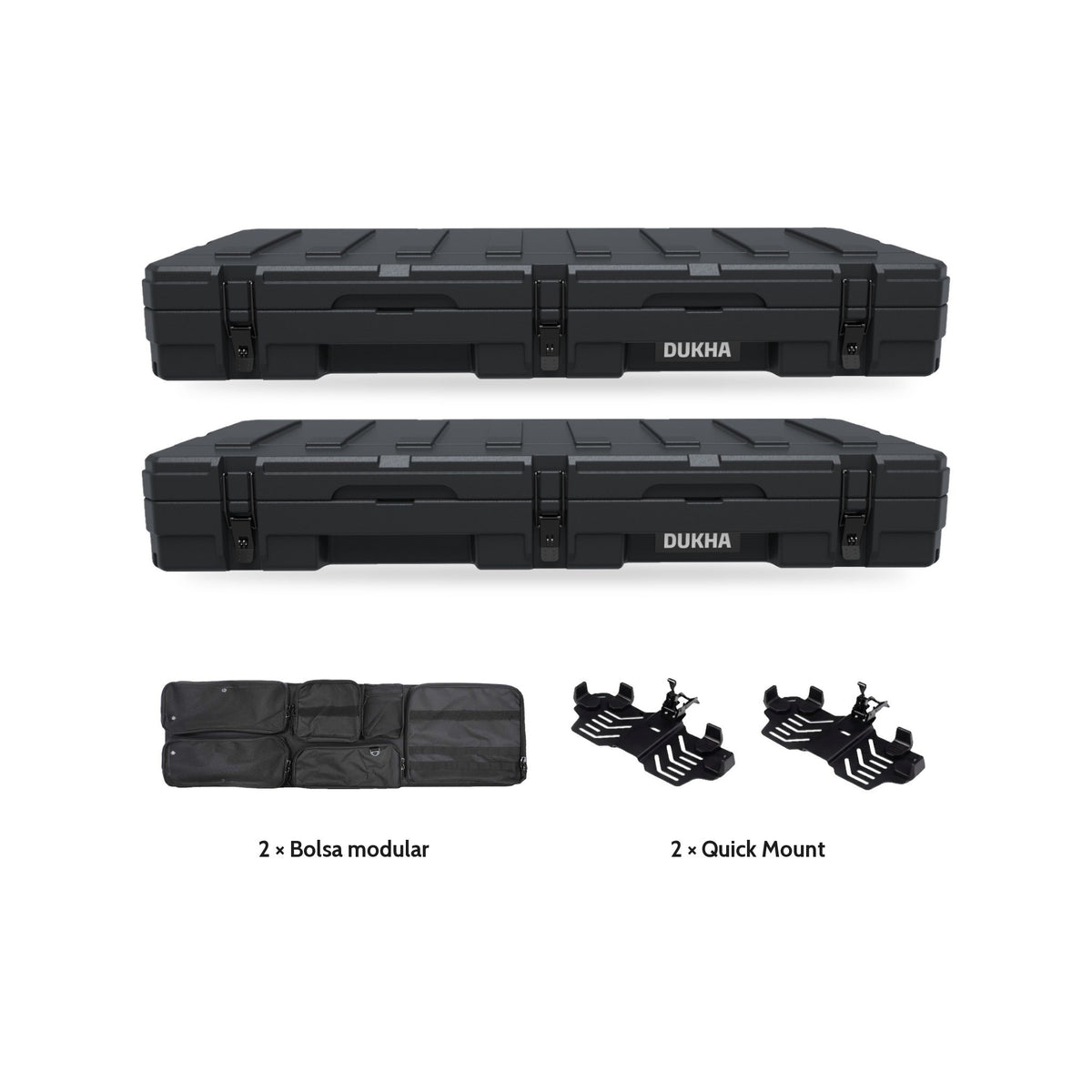 Pack x2 Hard Case DUKHA Titán 83L negro: 2 cajas, 2 bolsas modulares y 2 Quick Mount