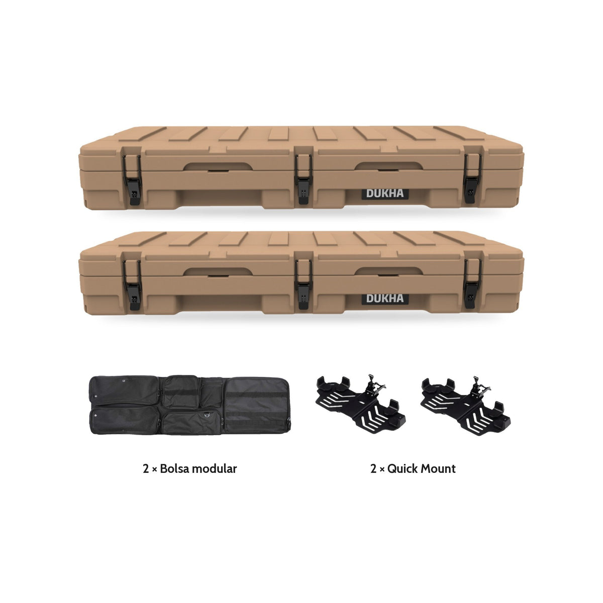 Pack x2 Hard Case DUKHA Titán 83L Sand: 2 cajas, 2 bolsas modulares y 2 Quick Mount