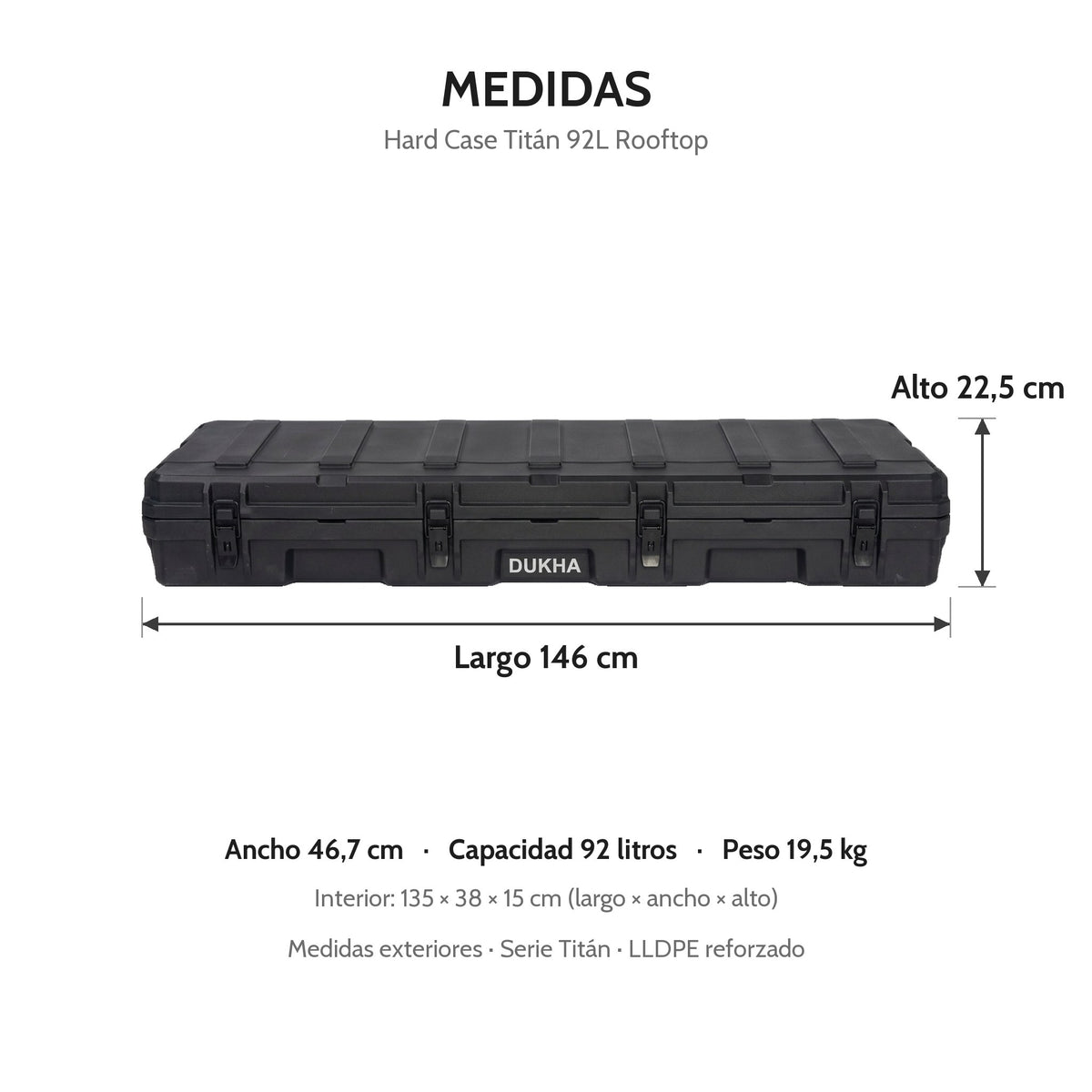 Hard Case DUKHA Titán 92L Rooftop, medidas exteriores