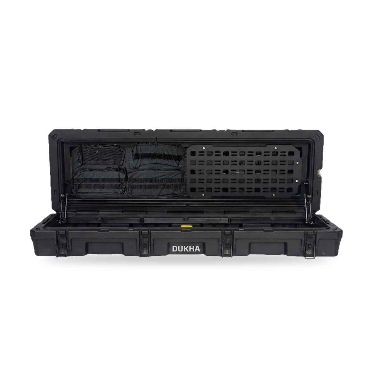 Hard Case DUKHA Titán 92L Rooftop, abierta con bolso y panel MOLLE