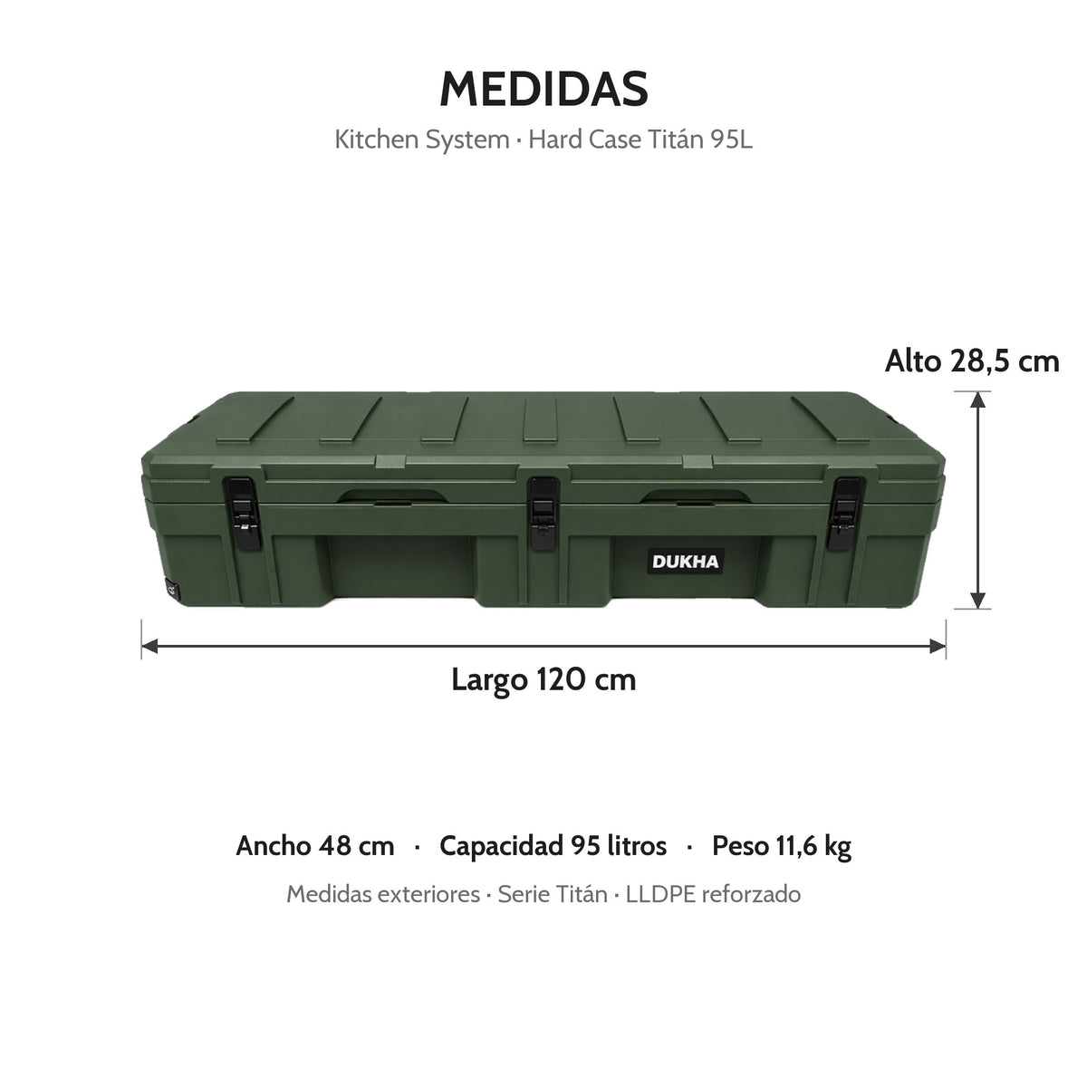 Hard Case DUKHA Titán 95L Kitchen System verde, medidas exteriores