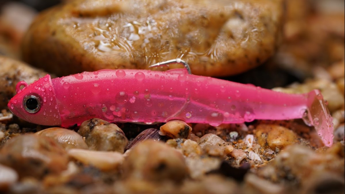 Señuelo Fiiish Black Minnow rosado sobre piedras mojadas