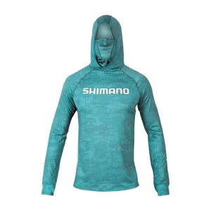 Polera Shimano Tech Tee manga larga con gorro y buff verde agua, frente